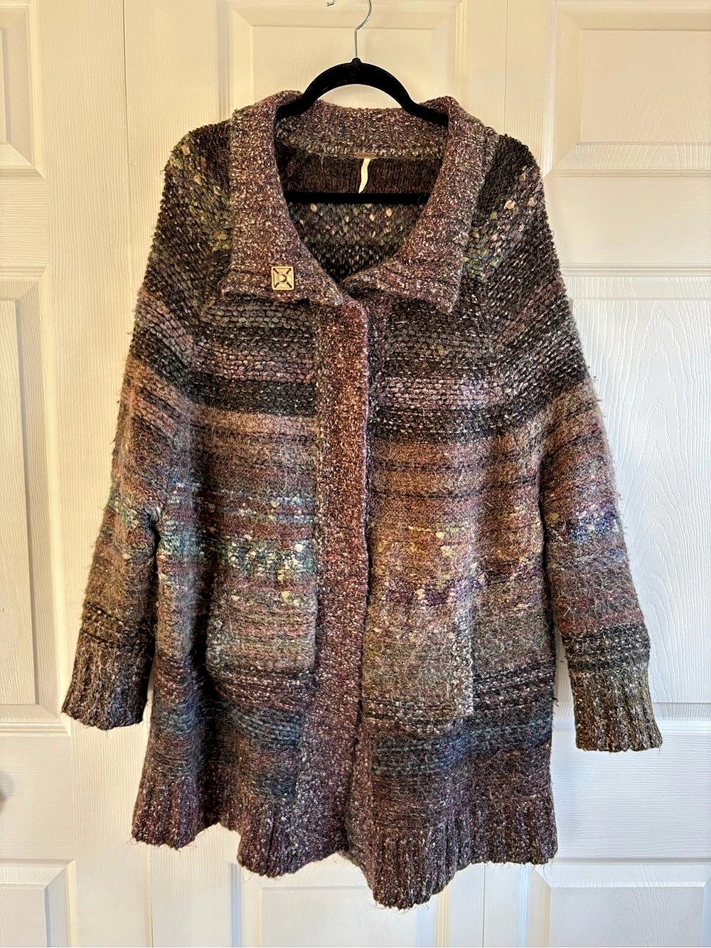 Free People Wool Mohair Brown Purple Boho Long Jacket Cardigan M Starlight Relax